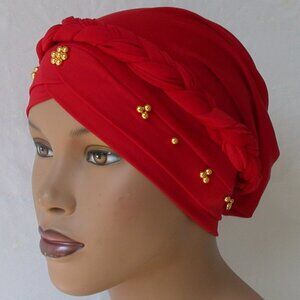 Women's Instant Turban Hijab Braid Chemo Cap Muslim Headcover Red Bonnet